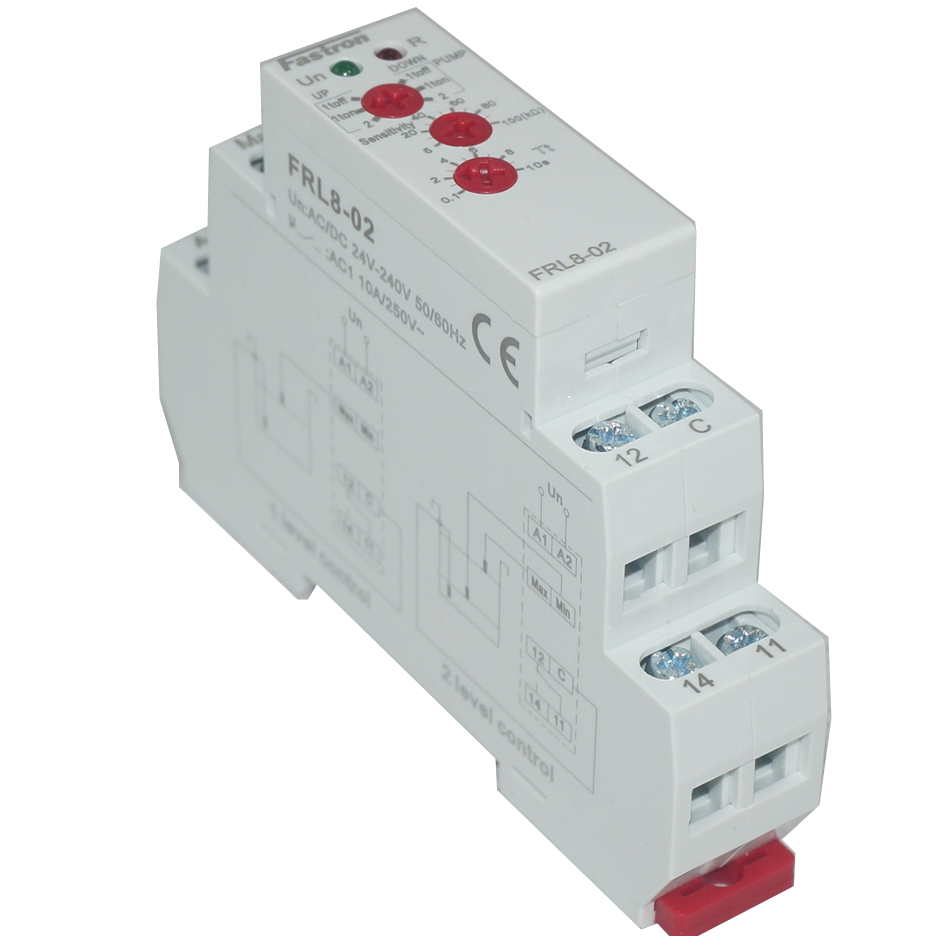 FRL8-02, Liquid Level Control Relay, 240VAC or 24VAC/DC Aux Supply 16 Amp changeover/SPDT, 1 or 2  Level Control FRL8-02, Liquid Level Control Relay, 240VAC or 24VAC/DC Aux Supply 16 Amp changeover/SPDT, 1 or 2  Level Control